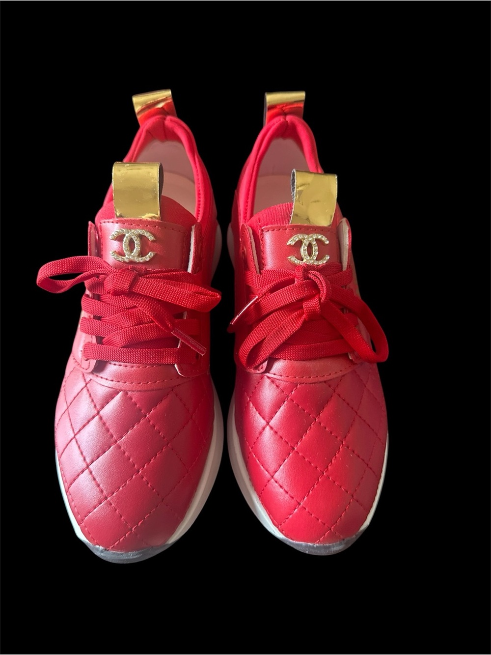 CHANEL Red Quilted Sneakers with Gold Accents - Picture 3 of 4